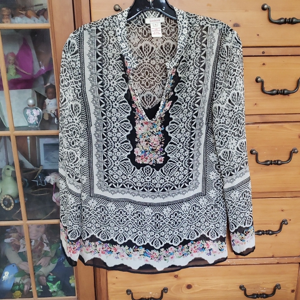 Sundance Black and White Graphic Blouse with Mandarin Collar